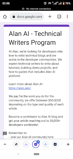 A screenshot of Alan AI technical writing program page